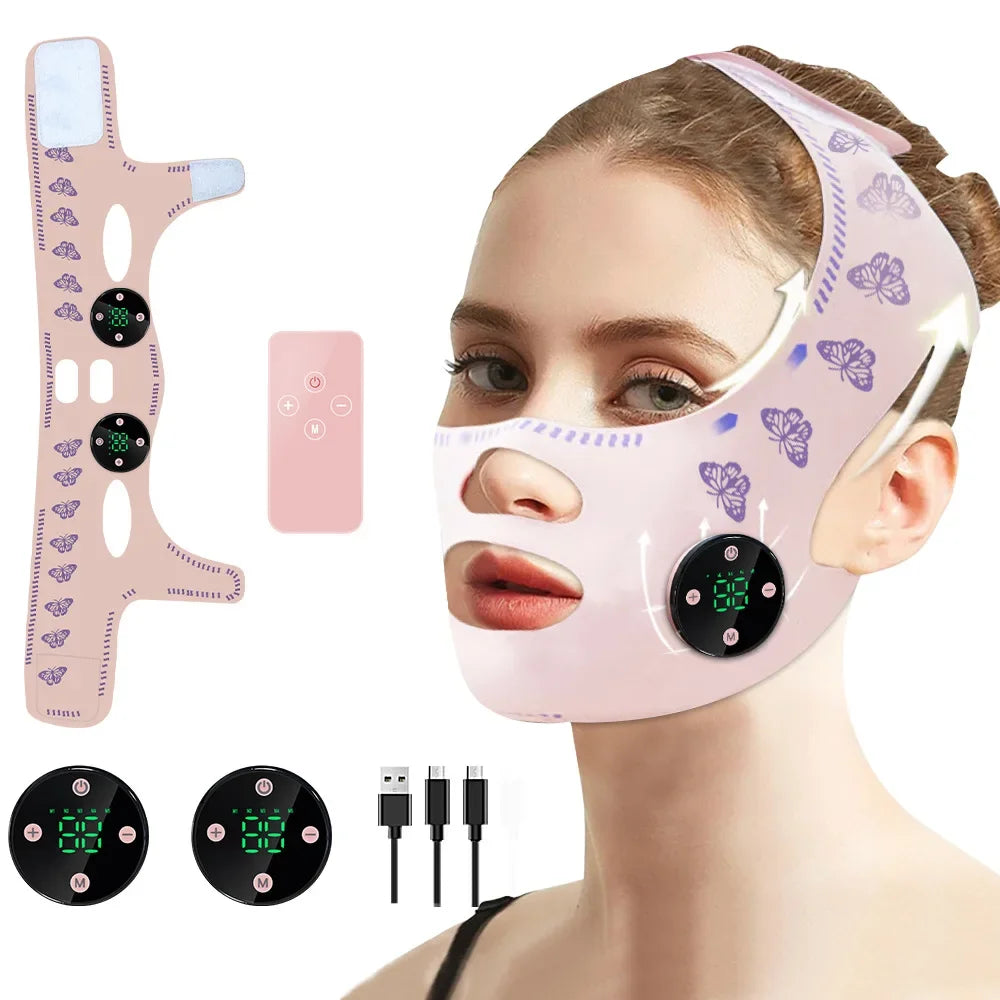 Masque fin EMS pour visage – Massage tête & relaxation – Lifting facial, réduction double menton – USB rechargeable